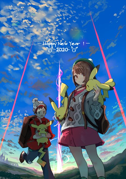 Anime picture 707x1000 with pokemon pokemon (game) pokemon swsh nintendo pikachu gloria (pokemon) victor (pokemon) e-co tall image short hair smile brown hair brown eyes sky cloud (clouds) outdoors shaded face new year happy new year 2020