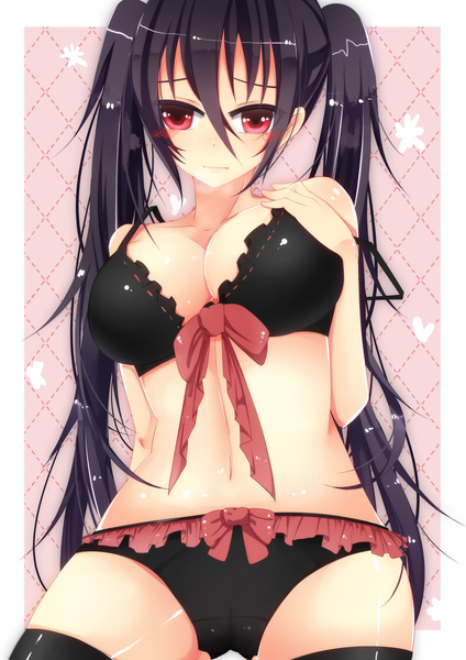 Anime picture 1157x1636 with original bloodcatblack (tsukiko) single long hair tall image looking at viewer blush breasts light erotic black hair large breasts twintails pink eyes underwear only girl thighhighs navel underwear panties black thighhighs