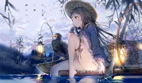 Anime picture 1767x1041 with original anmi single long hair blush highres breasts light erotic brown hair wide image sitting looking away sky inscription open clothes bare legs open shirt depth of field evening partial nude