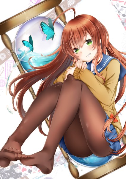 Anime picture 867x1227 with original mashiro aa single long hair tall image blush light erotic brown hair green eyes legs girl skirt miniskirt pantyhose insect butterfly