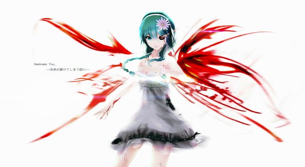 Anime picture 3740x2060 with vocaloid bacterial contamination (vocaloid) calcium awakawayui single long hair looking at viewer fringe highres simple background smile wide image standing white background bare shoulders signed absurdres braid (braids) hair flower aqua eyes