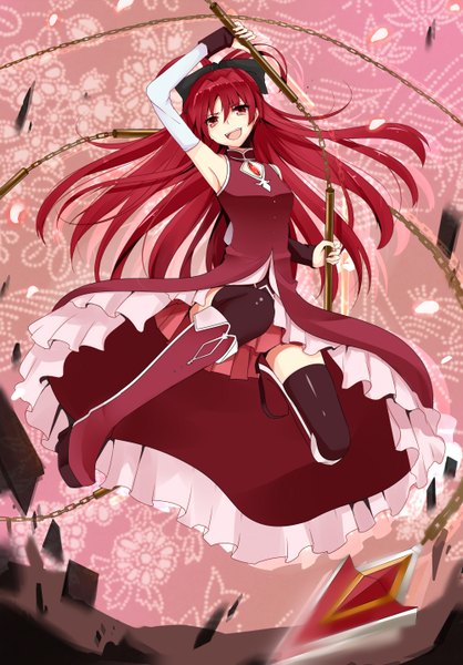 Anime picture 1000x1436 with mahou shoujo madoka magica shaft (studio) sakura kyouko nuko (mikupantu) single long hair tall image open mouth red eyes red hair girl thighhighs bow weapon black thighhighs hair bow boots