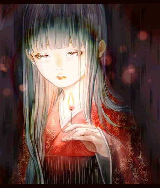 Anime picture 1094x1286 with original si (pixiv) single long hair tall image fringe holding brown eyes traditional clothes japanese clothes lips aqua hair girl kimono fire