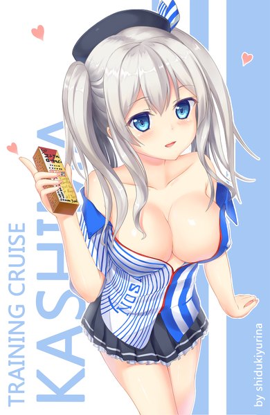 Anime picture 1200x1846 with kantai collection lawson kashima training cruiser yurina (artist) single long hair tall image blush fringe breasts open mouth blue eyes light erotic hair between eyes large breasts standing twintails bare shoulders holding looking away