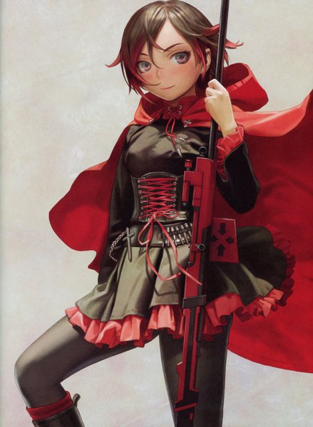 Anime picture 5092x6966 with rwby rooster teeth futurelog (artbook) ruby rose range murata single tall image highres short hair smile brown hair absurdres red hair long sleeves wind scan grey background grey eyes gradient hair frilled dress