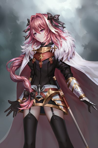 Anime picture 1000x1500 with fate (series) fate/apocrypha astolfo (fate) aaeru single long hair tall image fringe hair between eyes standing purple eyes looking away pink hair sky cloud (clouds) white hair multicolored hair two-tone hair streaked hair fur trim