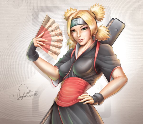 Anime picture 2596x2247 with naruto studio pierrot naruto (series) temari (naruto) douglas-bicalho single highres blonde hair green eyes japanese clothes lips realistic hand on hip quad tails girl belt kimono fan bandana