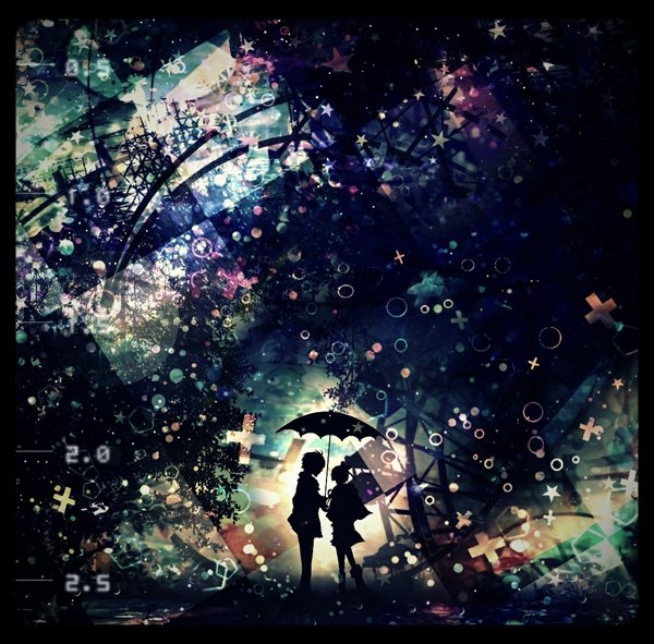 Anime picture 1120x1105 with original harada miyuki short hair standing night couple border girl boy plant (plants) tree (trees) star (stars) thigh boots umbrella