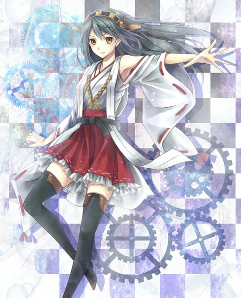 Anime picture 967x1197 with kantai collection haruna battleship kirieroido iii single long hair tall image looking at viewer black hair yellow eyes girl thighhighs hair ornament black thighhighs detached sleeves gears