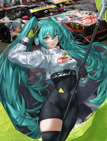 Anime picture 3762x4945 with vocaloid goodsmile racing hatsune miku racing miku racing miku (2022) sawkm single tall image looking at viewer fringe highres open mouth hair between eyes twintails absurdres very long hair :d aqua eyes aqua hair covered navel