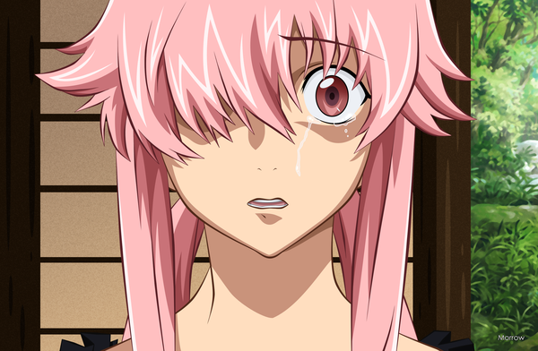 Anime picture 2400x1570 with mirai nikki gasai yuno morrow single long hair looking at viewer fringe highres open mouth pink hair pink eyes hair over one eye tears close-up crying girl