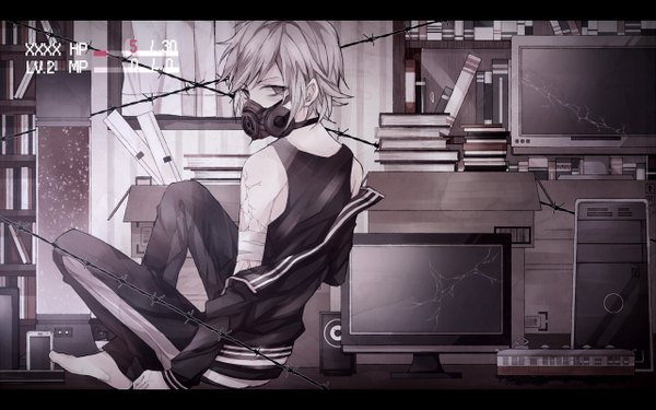 Anime picture 1280x800 with original vocaloid moco 315 single fringe short hair wide image sitting barefoot off shoulder boy book (books) paper shelf box monitor computer gas mask