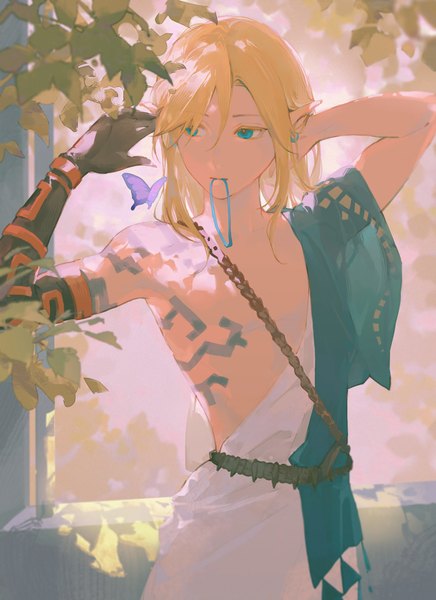 Anime picture 3269x4500 with the legend of zelda the legend of zelda: tears of the kingdom nintendo link gjygyao single long hair tall image highres blonde hair standing looking away absurdres upper body aqua eyes pointy ears tattoo hair tie in mouth boy bowtie