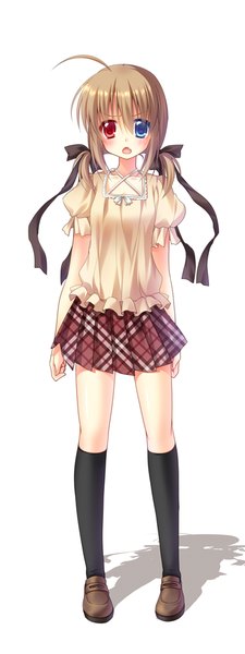 Anime picture 375x1000 with original nakada rumi single long hair tall image blush open mouth simple background brown hair white background twintails shadow heterochromia girl dress ribbon (ribbons) hair ribbon socks black socks
