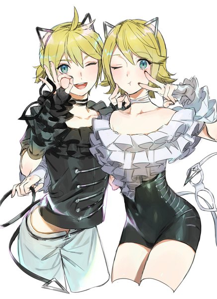 Anime picture 729x1000 with project diva vocaloid kagamine rin kagamine len naoko (naonocoto) tall image looking at viewer fringe short hair open mouth blonde hair hair between eyes standing holding animal ears ahoge tail nail polish one eye closed aqua eyes