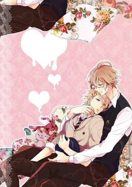 Anime picture 708x1000 with uta no prince-sama a-1 pictures kurusu shou shinomiya natsuki tagme (artist) tall image short hair blue eyes blonde hair sitting green eyes multiple boys couple hug floral print pink background shounen ai twisty sleeves hug from behind boy