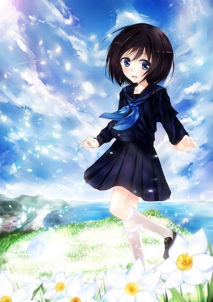 Anime picture 877x1240 with original shino miduki single tall image looking at viewer blush short hair open mouth blue eyes black hair sky cloud (clouds) girl skirt uniform flower (flowers) school uniform petals socks serafuku