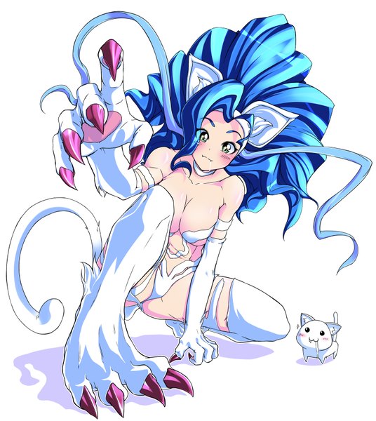 Anime picture 1518x1700 with capcom felicia nikupizzau single long hair tall image looking at viewer blush light erotic simple background white background bare shoulders animal ears blue hair cleavage animal tail aqua eyes cat ears teeth cat girl