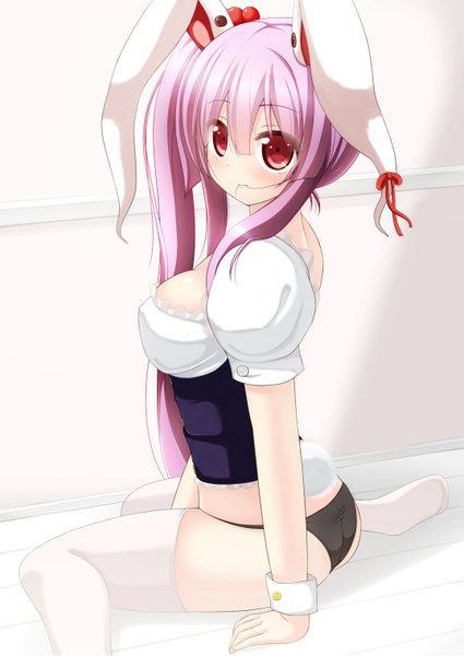 Anime picture 1075x1518 with touhou reisen udongein inaba chimunge single long hair tall image blush light erotic red eyes purple hair bunny ears bunny girl bunny tail girl thighhighs underwear panties white thighhighs