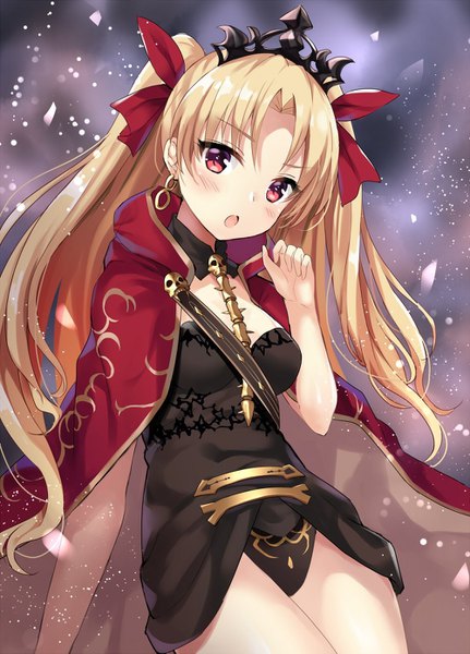 Anime picture 1000x1391 with fate (series) fate/grand order toosaka rin ereshkigal (fate) harimoji single long hair tall image looking at viewer blush open mouth light erotic blonde hair red eyes head tilt :o two side up snowing snow girl