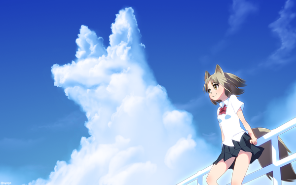 Anime picture 1920x1200 with original shapoco single highres short hair blonde hair smile brown eyes signed animal ears sky cloud (clouds) tail animal tail pleated skirt wind twitter username fox ears fox tail girl