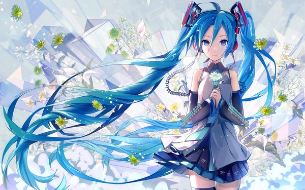 Anime picture 1920x1200 with vocaloid hatsune miku ixima single looking at viewer fringe highres breasts blue eyes smile standing holding ahoge very long hair pleated skirt aqua eyes wind aqua hair wide sleeves zettai ryouiki