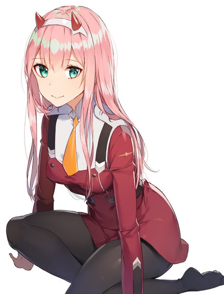 Anime picture 1000x1310 with darling in the franxx studio trigger zero two (darling in the franxx) rikoma single long hair tall image looking at viewer blush fringe breasts simple background smile hair between eyes white background sitting payot pink hair long sleeves horn (horns)