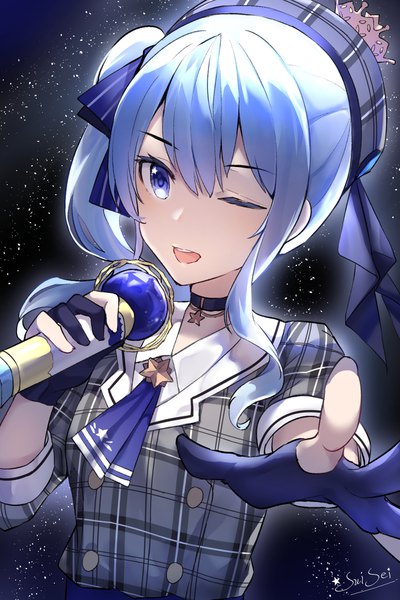 Anime picture 1250x1875 with virtual youtuber hololive hoshimachi suisei hoshimachi suisei (1st costume) snozaki single long hair tall image open mouth blue eyes blue hair upper body one eye closed wink side ponytail ;d outstretched hand singing girl gloves