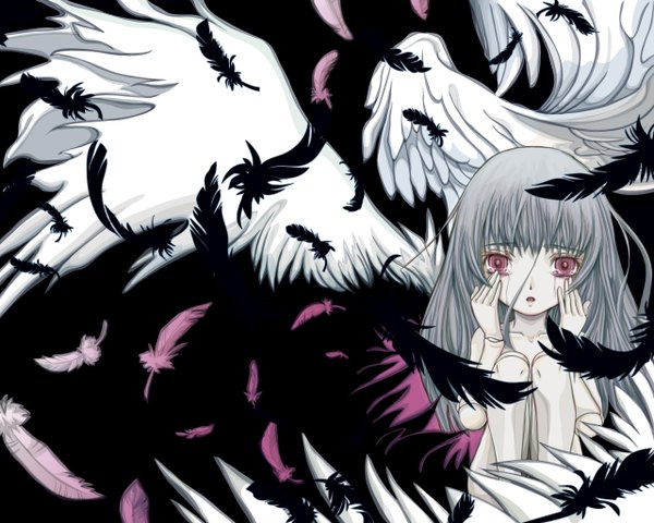 Anime picture 1280x1024 with rozen maiden suigintou single looking at viewer open mouth purple eyes silver hair tears hand on chest crying doll joints girl wings feather (feathers) doll (dolls)