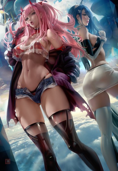 Anime picture 2429x3500 with darling in the franxx studio trigger zero two (darling in the franxx) ichigo (darling in the franxx) strelizia sakimichan long hair tall image looking at viewer fringe highres breasts open mouth blue eyes light erotic large breasts standing bare shoulders multiple girls holding