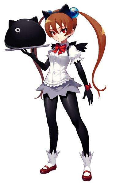 Anime picture 1104x1752 with keroro gunsou alisa southerncross fkey single long hair tall image looking at viewer fringe simple background hair between eyes red eyes brown hair standing white background twintails holding animal ears full body short sleeves puffy sleeves