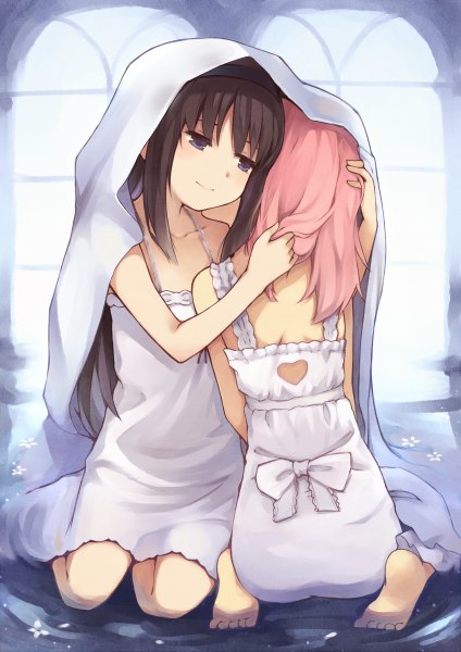 Anime picture 848x1200 with mahou shoujo madoka magica shaft (studio) akemi homura kaname madoka kyuri long hair tall image breasts black hair sitting purple eyes multiple girls looking away pink hair from behind no shoes couple hug back flat chest