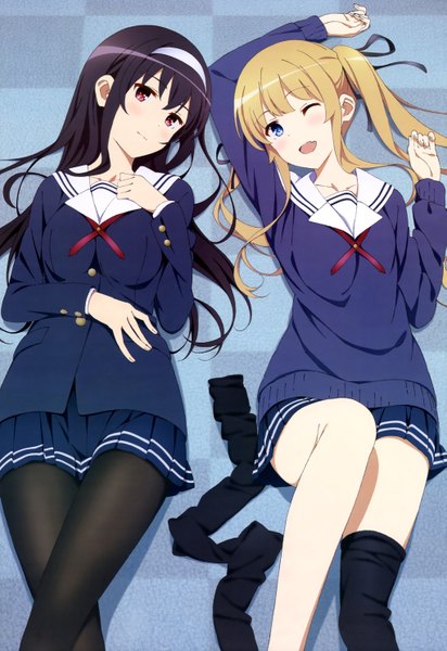 Anime picture 4081x5943 with saenai heroine no sodatekata a-1 pictures nyantype kasumigaoka utaha sawamura spencer eriri long hair tall image blush highres open mouth blue eyes black hair blonde hair smile red eyes twintails multiple girls absurdres one eye closed wink