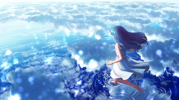 Anime picture 1500x844 with original yue (tada no saboten) single long hair wide image blue hair sky cloud (clouds) full body bent knee (knees) barefoot from above wind from behind blurry reflection spread arms soles landscape summer