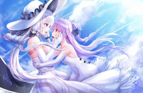 Anime picture 1500x975 with azur lane illustrious (azur lane) unicorn (azur lane) lunacle long hair blush fringe breasts open mouth blue eyes light erotic large breasts standing purple eyes twintails bare shoulders multiple girls payot sky silver hair