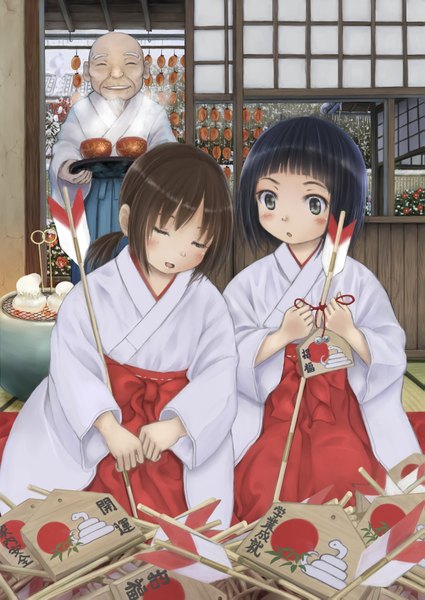 Anime picture 1191x1683 with original taka (tsmix) tall image blush short hair black hair brown hair multiple girls eyes closed traditional clothes black eyes miko girl boy 2 girls