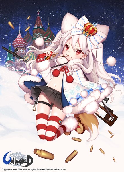 Anime picture 722x1000 with unleashed byulzzimon single long hair tall image blush red eyes white hair night dutch angle snowing winter real world location moscow kremlin girl thighhighs skirt bow weapon