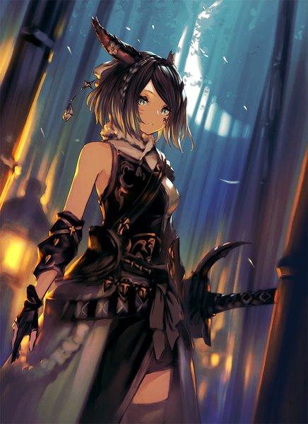 Anime picture 900x1239 with final fantasy final fantasy xiv square enix miqo'te garuku single tall image looking at viewer fringe short hair blue eyes brown hair standing bare shoulders animal ears outdoors braid (braids) cat ears night cat girl
