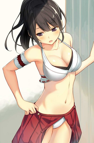 Anime picture 659x1000 with original cccpo single long hair tall image blush fringe breasts open mouth light erotic black hair hair between eyes large breasts standing purple eyes looking away ponytail pleated skirt bare belly midriff