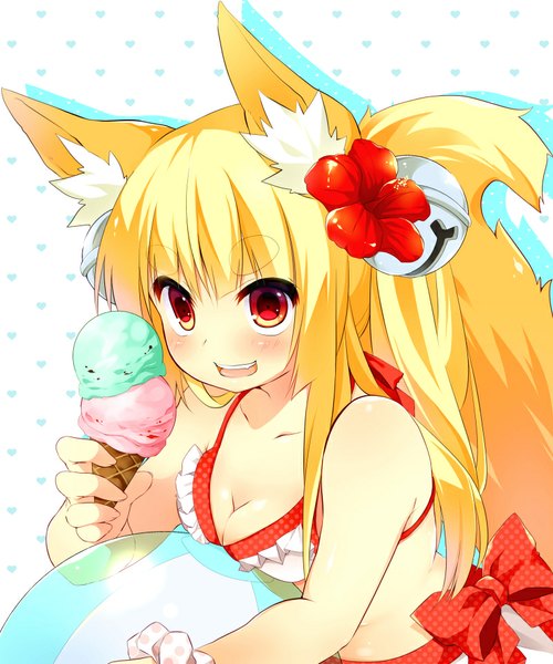 Anime picture 800x961 with original sou single long hair tall image blush fringe breasts open mouth blonde hair smile hair between eyes red eyes white background holding animal ears looking away upper body tail animal tail