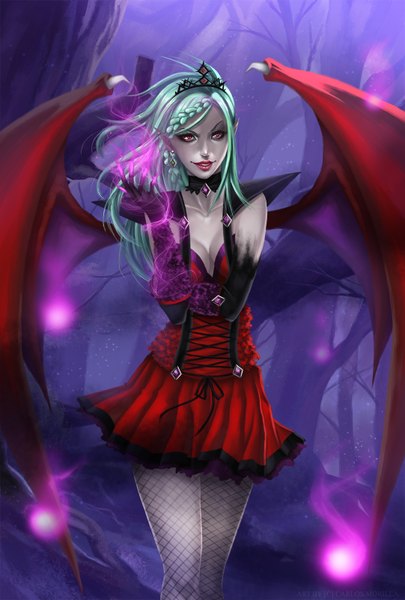 Anime picture 1082x1600 with original evelyn (drewdiddy1996) cmorilla (artist) single long hair tall image pink eyes green hair lips pointy ears magic vampire borrowed character girl dress earrings pantyhose wings tiara fishnet pantyhose