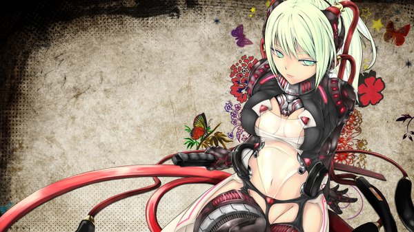 Anime picture 1500x844 with snyp (r0pyns) single long hair light erotic wide image white hair aqua eyes girl gloves navel flower (flowers) weapon insect butterfly wire (wires)