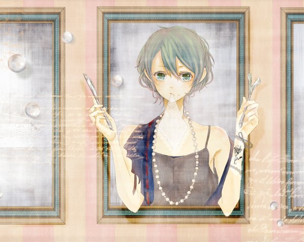 Anime picture 1214x968 with vocaloid hatsune miku penchop single short hair aqua eyes green hair girl beads knife leek