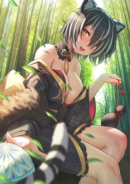 Anime picture 1011x1426 with original solar (happymonk) single tall image looking at viewer blush fringe short hair breasts open mouth light erotic black hair smile large breasts sitting holding animal ears yellow eyes cleavage outdoors