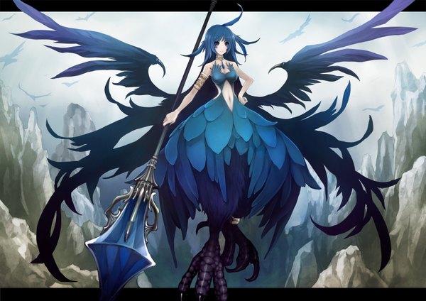 Anime picture 1600x1131 with original pixiv fantasia blue hair ahoge aqua eyes hand on hip rock monster girl girl dress navel animal bird (birds) feather (feathers) staff