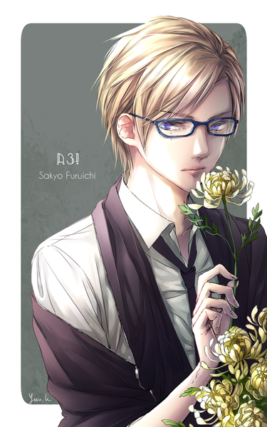 Anime picture 1200x1920 with a3! furuichi sakyou nemumi no sora single tall image looking at viewer short hair blonde hair purple eyes holding signed upper body mole copyright name character names mole under eye open collar boy flower (flowers) shirt