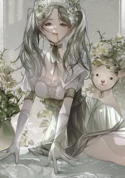 Anime picture 2169x3066 with original nat nim single long hair tall image looking at viewer fringe highres breasts sitting twintails brown eyes hair flower grey hair arm support short sleeves puffy sleeves yokozuwari hair in mouth girl