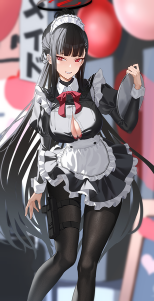 Anime picture 2391x4655 with blue archive rio (blue archive) ojisan kamo shiremasen single long hair tall image looking at viewer fringe highres breasts light erotic black hair smile red eyes large breasts standing holding payot cleavage blunt bangs