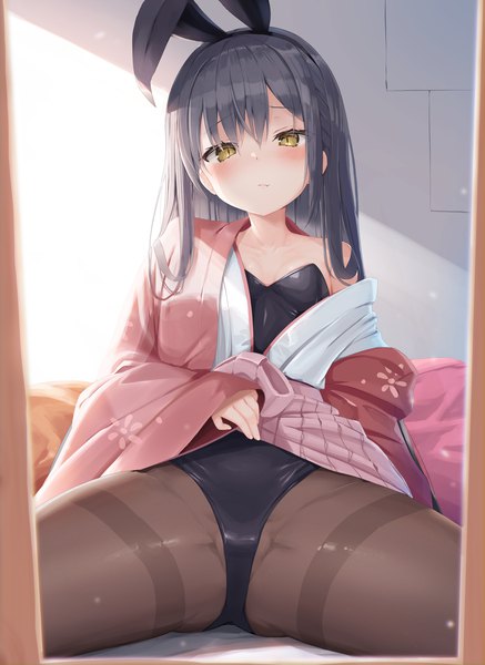 Anime picture 1733x2380 with original reinama single long hair tall image looking at viewer blush fringe highres light erotic black hair hair between eyes sitting animal ears yellow eyes indoors long sleeves traditional clothes head tilt japanese clothes