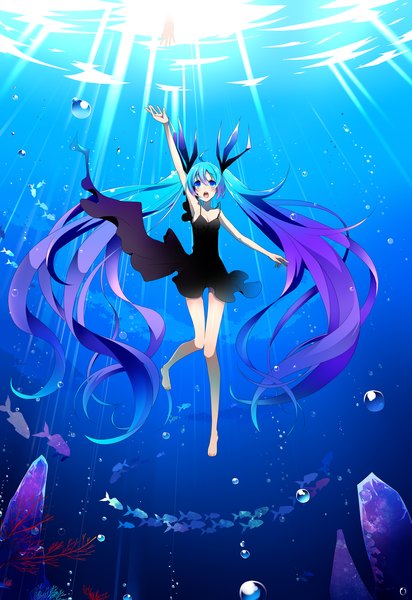 Anime picture 2507x3650 with vocaloid shinkai shoujo (vocaloid) hatsune miku temari (deae) single tall image blush highres open mouth blue eyes twintails very long hair aqua hair underwater girl dress bubble (bubbles) fish (fishes)